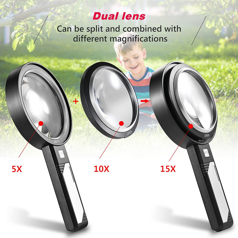 Magnifying Glass with Light, USB Rechargeable 5X 10X 15X Handheld Large Double Lens Loupe Magnifier with 8 Light for Macular Degeneration, Seniors Reading, Inspection, Map, Coins, Jewelry, Exploring