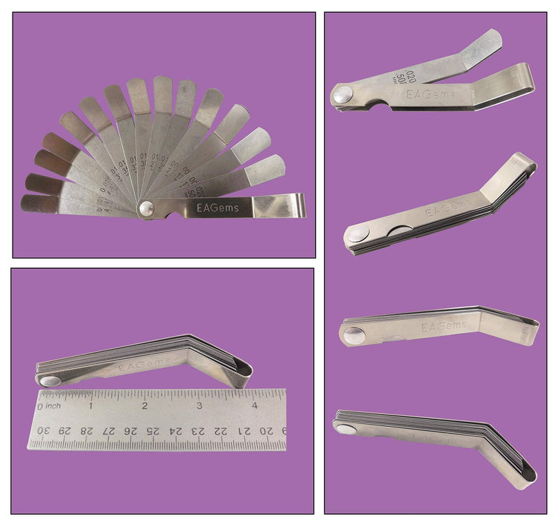 Offset Feeler Gauge Set by EAGems, for Measuring Gap Width or Thickness - Includes 16 Blades Imprinted with Inches and Millimeters, between .005-.020 inch / .127-.508 mm
