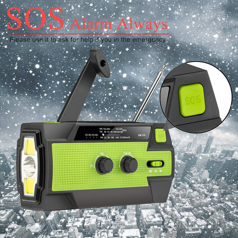 Emergency-Radio,Puiuisoul 4000mAh Weather Radios with Hand Crank & Solar Charging,3 Gear LED Flashlight,SOS Alarm, Portable Power Bank,AM/FM/NOAA,Motion Sensor Reading Lamp Green 4000 mAh