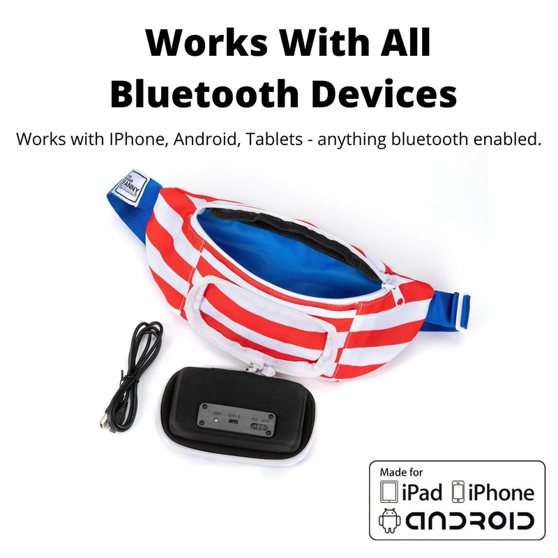 American Flag Fannypack with Speakers. Bluetooth Fanny Pack for Parties/Festivals/Raves/Beach/Boats. Rechargeable, Works with iPhone & Android. (2021 Edition)