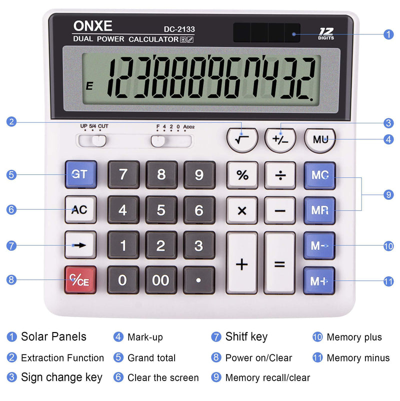 Calculator,ONXE Standard Function Desktop Calculators with Large 12 Digit LCD Display and Big Button, Solar and Battery Dual Power, Financial Accounting Calculator for Office,Desk, Home, School(2133) DC2133