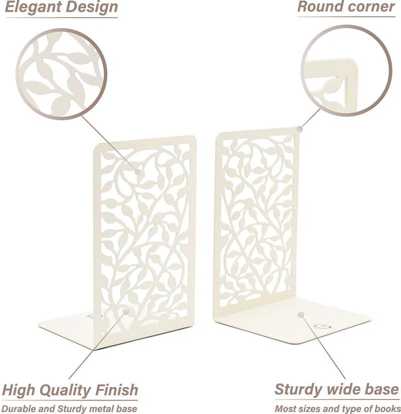 CNK Bookends , Premium Book Ends for Book Shelves, Metal Book Ends for Home Office Heavy Books, Book Shelf Holder, Home Decorative, Book Stoppers, Book Holder, Set of 2 White Infinite Leaves Bookends