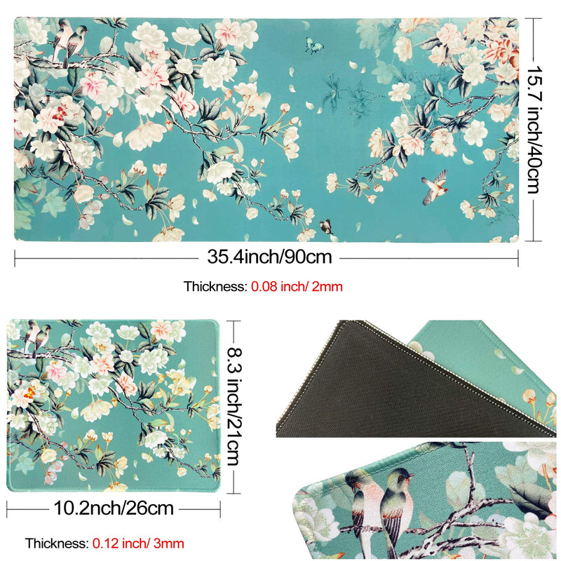 SANFORIN Multifunctional PU Leather Office Desk Pad 35.4''X15.7'' with Floral Design + Mouse Pad 10.2''×8.3''×0.12'', Extended Large Non Slip Ultra Thin Waterproof Desk Writing Mat (Chinese Flower)