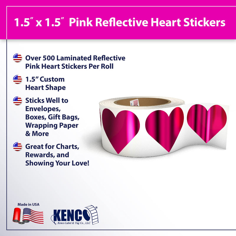 1.5" Heart Adhesive Label Stickers, Over 500 Stickers Per Roll, Choose from Silver, Gold, Holo, USA, Shiny Colors, and More - 1-1/2 Inch for Teachers Parents and Kids - Made in The USA (Pink FOIL) PINK FOIL