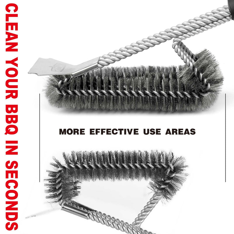 Grill Brush and Scraper - Extra Strong BBQ Cleaner Accessories - Safe Wire Bristles 18" Stainless Steel Barbecue Triple Scrubber Cleaning Brush for Gas/Charcoal Grilling Grates, Wizard Tool