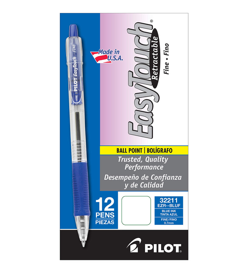 PILOT EasyTouch Refillable & Retractable Ballpoint Pens, Fine Point, Blue Ink, 12-Pack (32211) Pack of 12