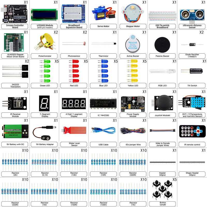 Smraza Super Starter Kit Project Kit with Breadboard, Power Supply, Jumper Wires, Resistors, LED, LCD 1602, Sensors, Detailed Tutorial for Project, Compatible with Arduino