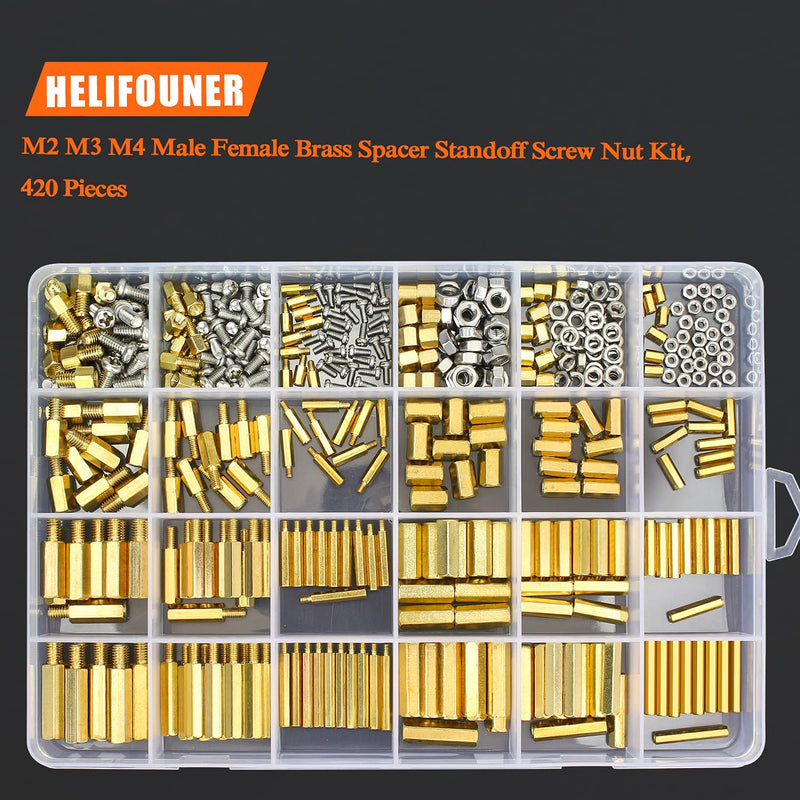 HELIFOUNER 420 Pieces M2 M3 M4 Male Female Hex Brass Spacers Standoffs Screws Nuts Assortment Kit with a Tweezers