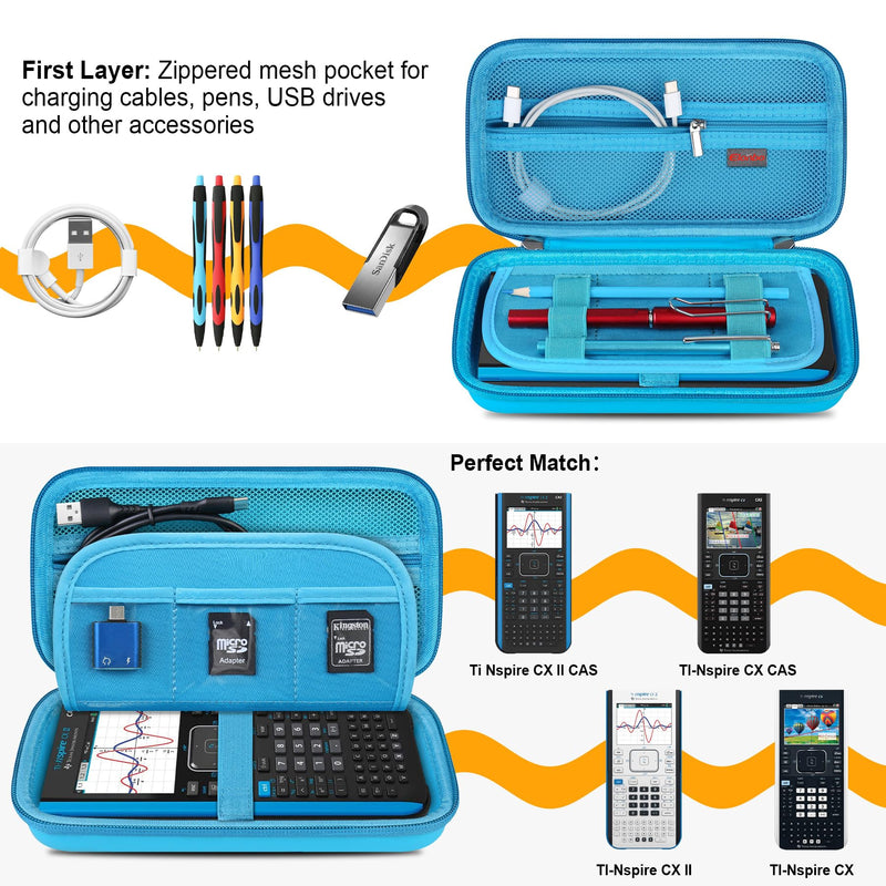 Elonbo Hard Travel Case for Texas Instruments TI-Nspire CX II CAS/CX II/CX CAS Color Graphing Calculator, Extra Zipped Pocket Fits Charging Cable, Charger, Manual, Blue