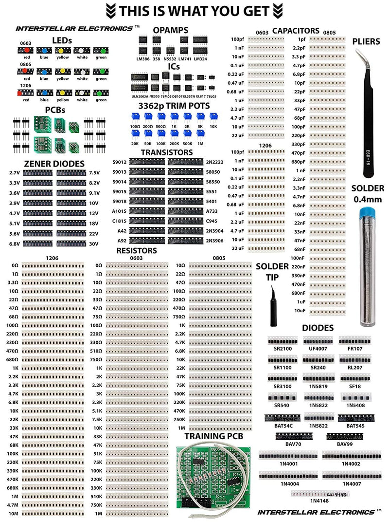 2900 pcs SMD 1206 0805 0603 Component Assortment, Resistor, Capacitor, Diode, Transistor, OpAmp, IC, Solder, PCB, SMT Soldering Assorted Kit