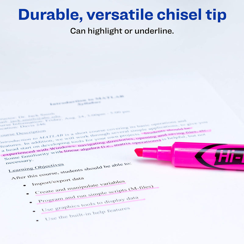 Avery Hi-Liter Desk-Style Highlighters, Smear Safe Ink, Chisel Tip, 12 Fluorescent Pink Highlighters (24010)