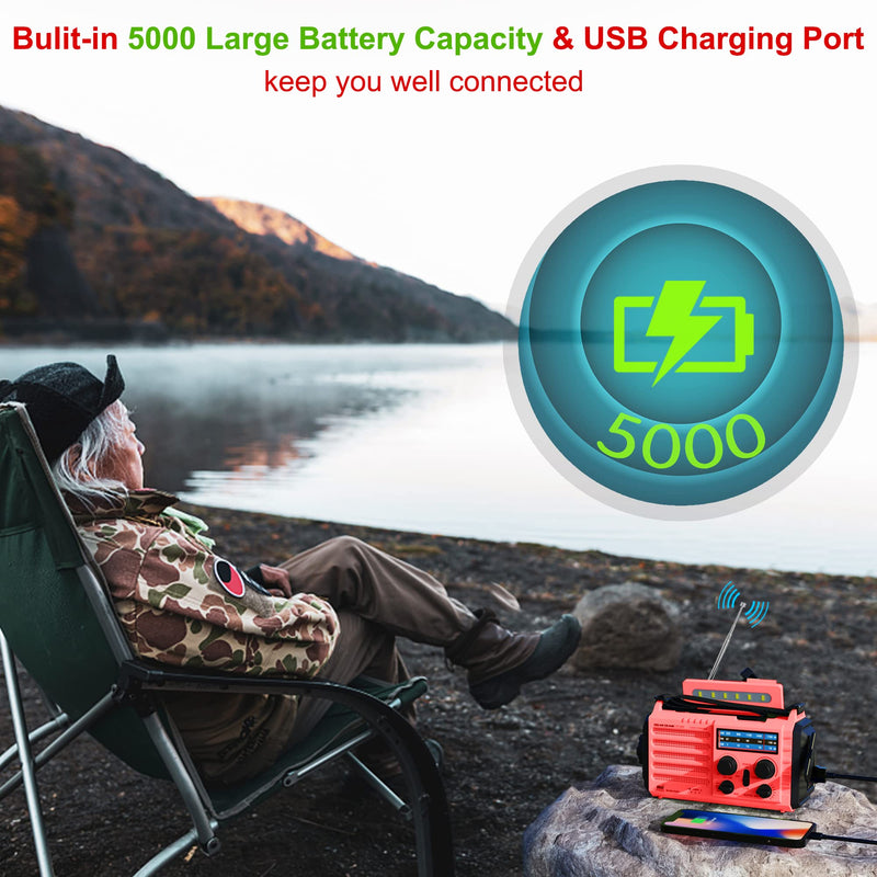 Portable Emergency Radio Hand Crank Solar AM/FM/SW/NOAA Weather Alert Radio 5000 Rechargeable with USB Charger, Flashlight, Reading Lamp, SOS Alarm, Headphone Jack, Survival Camping Gear Red