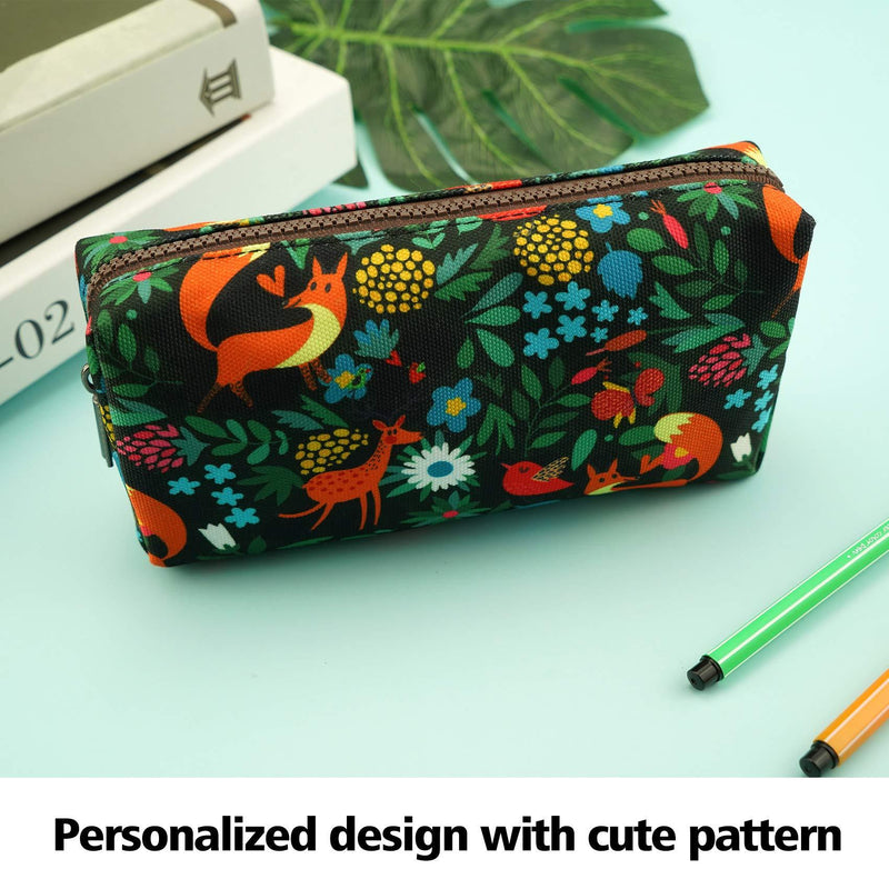 LParkin Woodland Animals Fox Canvas Pencil Case Fabric Zipper Pouch Gift For Friends Red Fox Zipper Pouch Gadget Bag Make Up Case Cosmetic Bag Stationary Kawaii Box Green