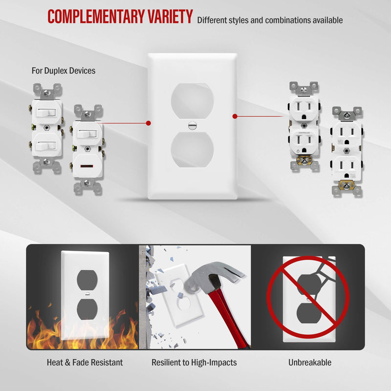 ENERLITES Duplex Wall Plates Kit, Electrical Outlet Covers, Standard Size 1-Gang 4.50" x 2.76", Unbreakable Polycarbonate Thermoplastic, Electric Receptacle Plug Covers, 8821-W-10PCS, White, 10 Pack Screw wall plate
