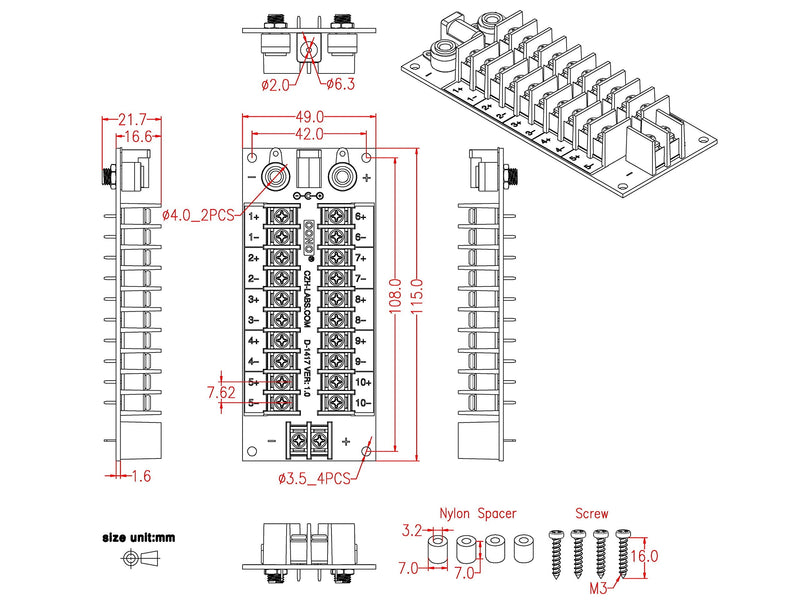 20Amp 2x10 Position Barrier Terminal Block Distribution Module for AC DC