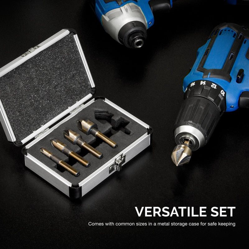 Neiko 10218A Countersink Drill Bit Set, M2 High Speed Steel, 1/4” Tri-Flat Shank | 1/4”-3/4”, 5 Piece Set with Carrying Case