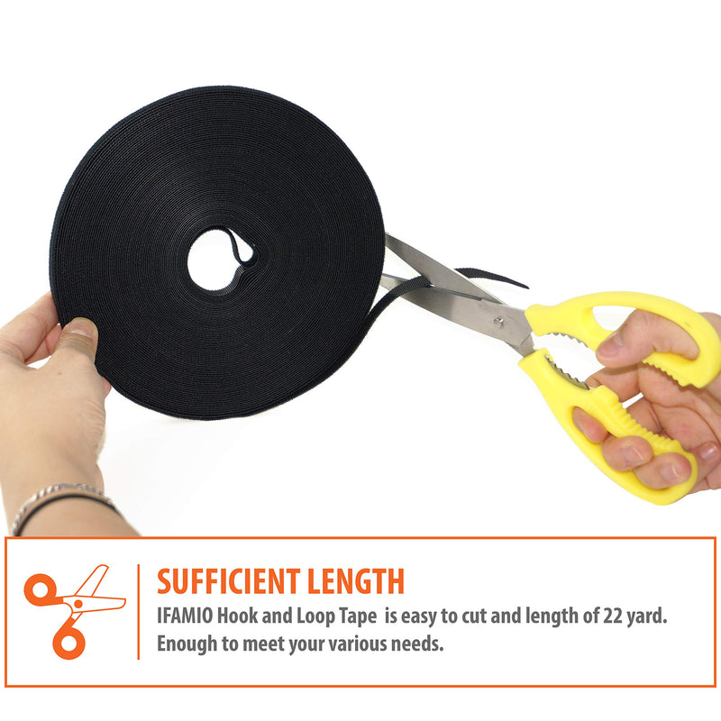 22 Yards Roll 0.4 Inch Black Hook and Loop Tape Nylon Cord Management Strap Self Adhesive Reusable Cable Fastening Tape