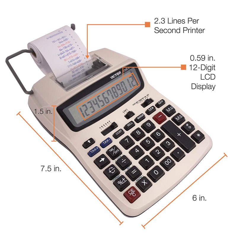 Victor Printing Calculator, 1208-2 Compact and Reliable Adding Machine with 12 Digit LCD Display, Battery or AC Powered, Includes Adapter,White 1.5" x 6" x 7.5"