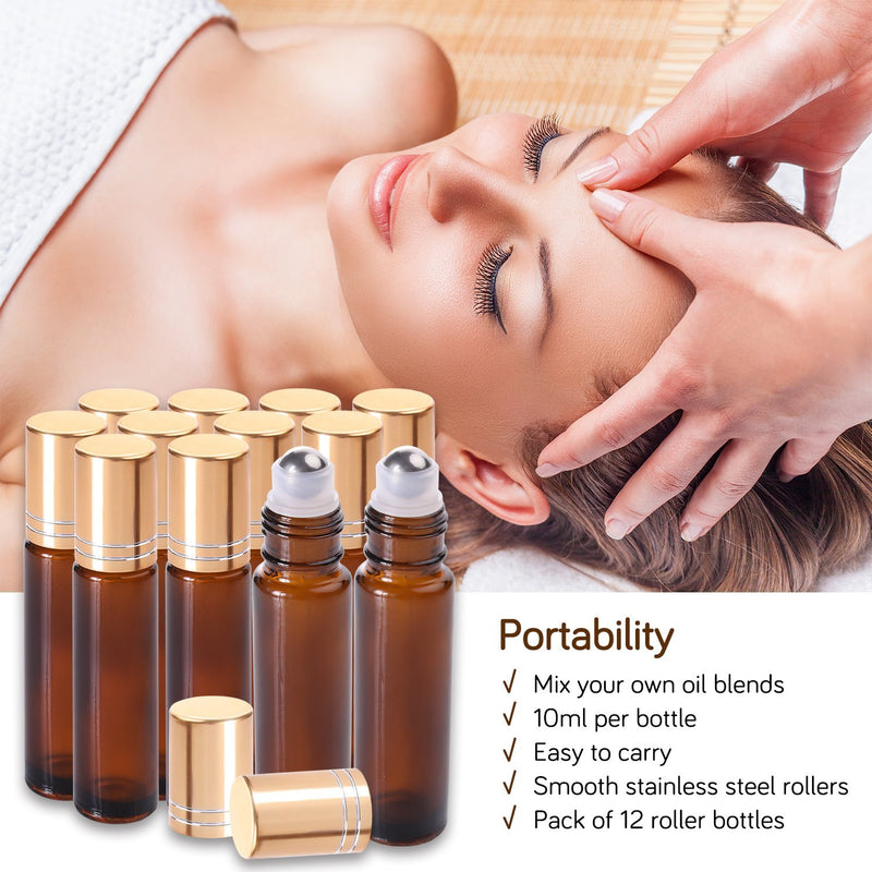 Essential Oil Roller Bottles 10ml (Amber Glass, 12pack, 2 Extra Roller Balls，24 Labels, Opener, 2 Funnels by PrettyCare) Roller Balls For Essential Oils, Roll on Bottles 12 Pack