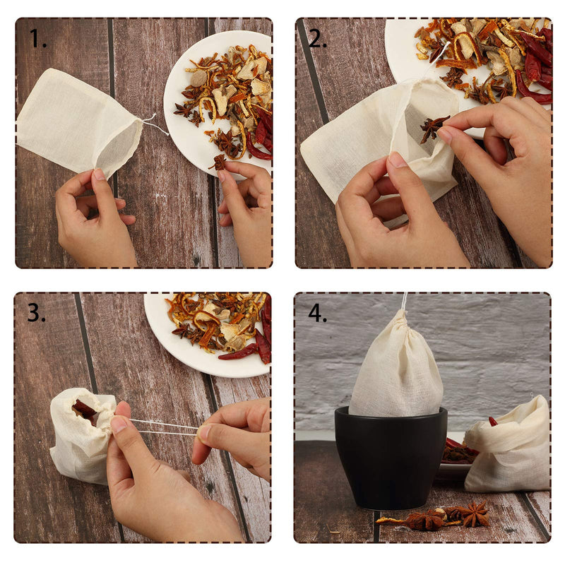 24 Pieces Spice Bags for Cooking Cheesecloth Bags for Straining Reusable Empty Tea Bags Drawstring Soup Bags Muslin Bags (3 x 4 Inch) 3 x 4 Inch