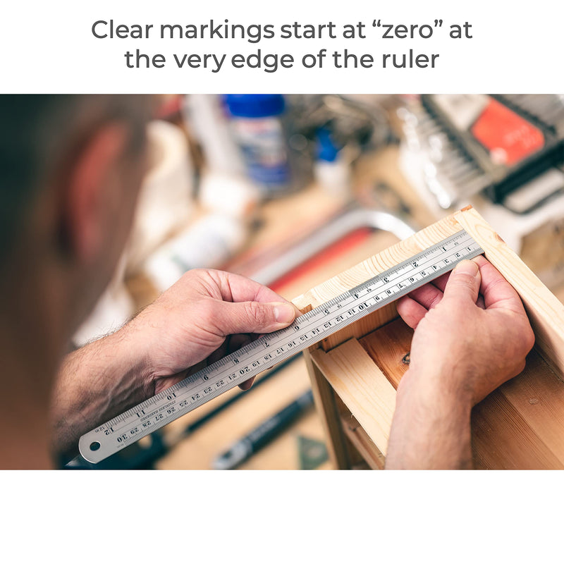 NOKKO Metal Ruler 10-Pack - Measuring Set of 12-Inch/30cm Stainless Steel Rulers - Imperial & Metric Measurements & Conversion Table - Etched Markers Start at The Very Edge of The Straight Edge Ruler