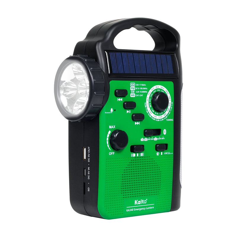 Kaito KA340 5-Way Powered Rechargeable LED Camping Lantern & Emergency AM/FM/SW NOAA Weather Alert Radio with Bluetooth, Flashlight, 5V USB Mobile Phone Charger, MP3 Player & Siren (Green) Green