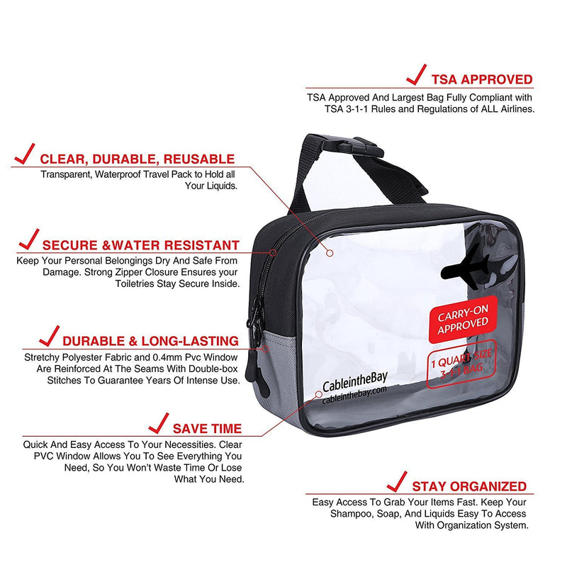 TSA Approved Clear Travel Toiletry Bag-Quart Sized with Zipper-Airport Airline Compliant Bag/Bottles-Men's/Women's 3-1-1 Kit+Travel (Hanging Bag)) Hanging Bag