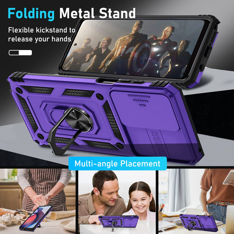 Janmitta for Motorola Moto G Stylus 5G 2023 Case[Not for 2022 Version] Built in Slide Camera Lens Cover+Screen Protector+Finger Ring Holder Kickstand,Heavy Duty Shockproof Full Body Cover,Purple Moto G Stylus 5G 2023(6.6 inch) Purple