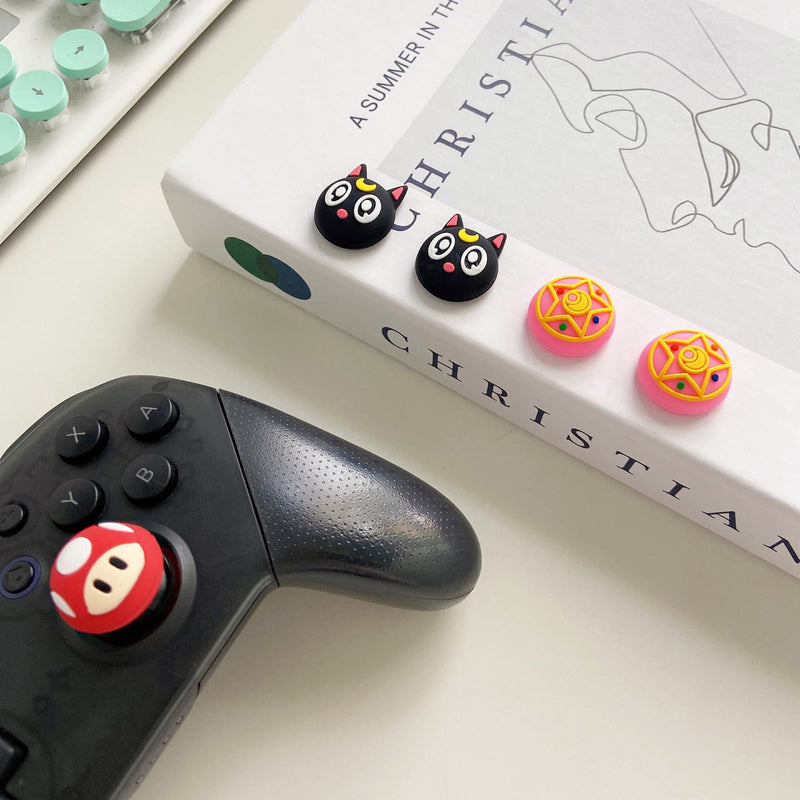 PERFECTSIGHT 4 Pcs Cute Thumb Grip Caps for PS5/PS4/Xbox One/360/NS PRO Controller, Anime Theme Analog Stick Thumbsticks Caps, Silicone Thumb Stick Grip Cap Joystick Button Cover (Luna) Black Luna