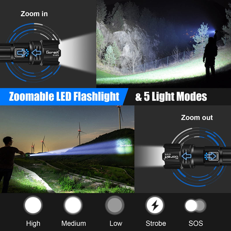 Flashlight High Lumens Rechargeable, Goreit 20000 Lumen Led Flashlights XHP70.2 USB Super Bright Flash Light, High Powered Handheld Flashlights for Emergencies Camping, IP67 Waterproof, Zoomable Black