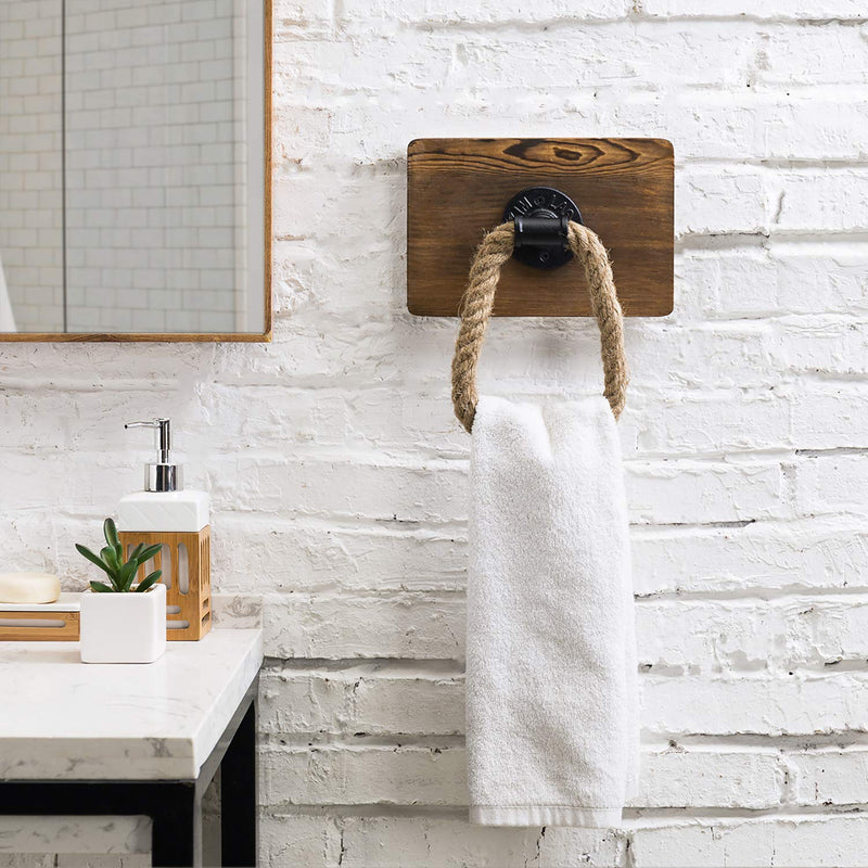 MyGift Dark Brown Wood and Industrial Pipe Wall Mounted Rope Towel Ring, Farmhouse Bathroom Decor Hand Towel Holder