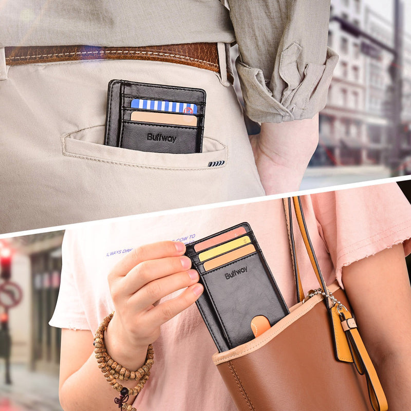 Buffway Slim Minimalist Front Pocket RFID Blocking Leather Wallets for Men Women Alaska Black