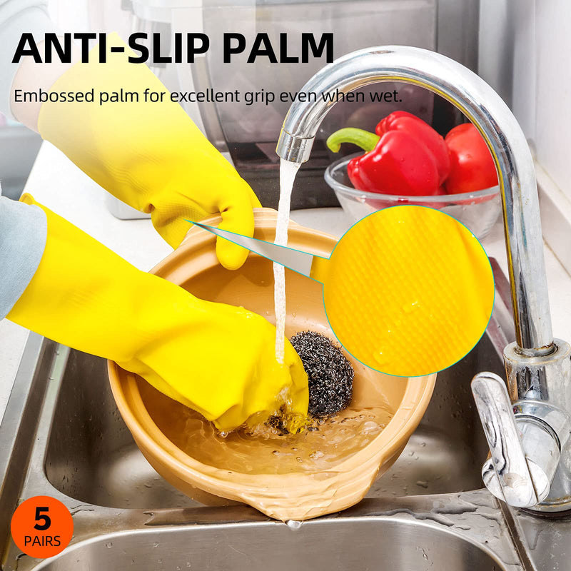 Vgo 5-Pairs Reusable Household Cleaning Gloves, Rubber Dishwashing gloves, Extra Thickness, Long Sleeves for Kitchen, Cleaning, Working, Painting, Gardening, Pet Care (Size M, Yellow, HH4601) Medium 5 Pairs - Yellow