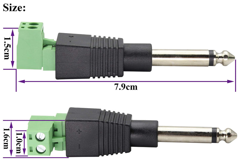 AAOTOKK 6.35mm Screw Terminal Block Connector 6.35mm (1/4") TS Mono Male to 2 Pin/Way Female Bolt Screw Terminals Pluggable AUX Audio Microphone/Speaker Wire Solderless Converter(5-Pack)