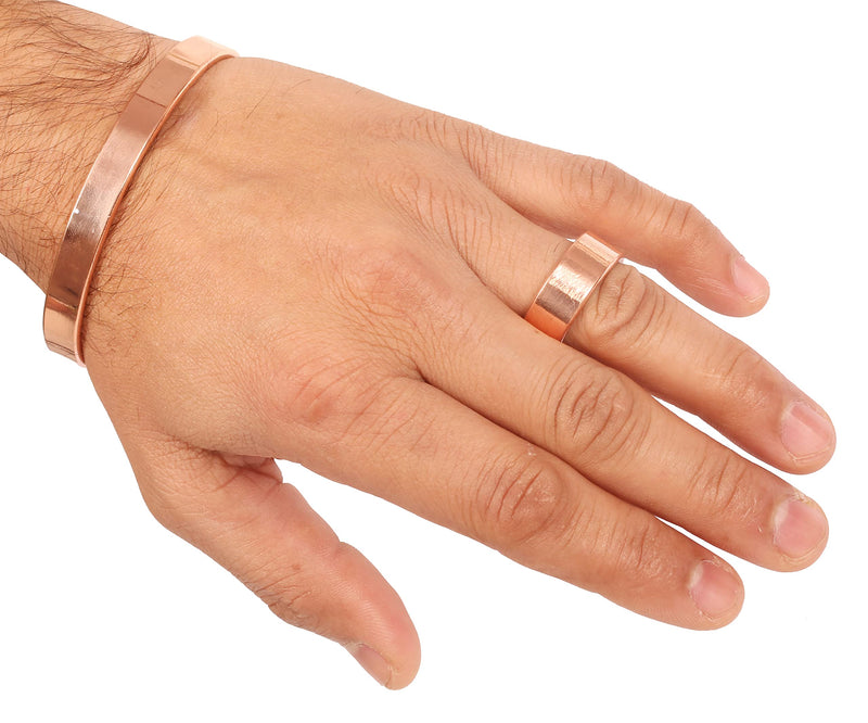 Touchstone Indian Hand Crafted Magnet Healing Copper Bracelet and Identical Finger Ring Chakra Jewelry Cuff Gift for Women and Men. Copper Plain