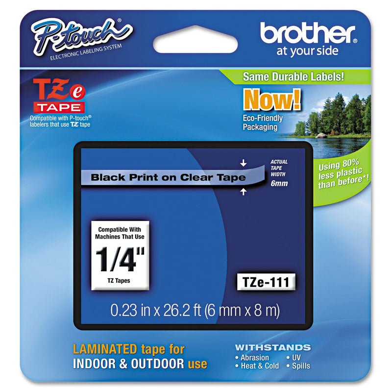 Brother TZE111 TZe Standard Adhesive Laminated Labeling Tape, 1/4-Inch w, Black on Clear