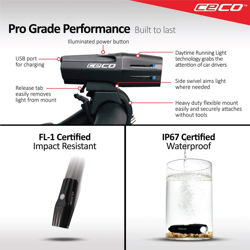 CECO-USA: 750 Lumen USB Rechargeable Bike Light – Tough & Durable IP67 Waterproof & FL-1 Impact Resistant – Super Bright Model F750 Bicycle Headlight – for Commuters, Road Cyclists, Mountain Bikers