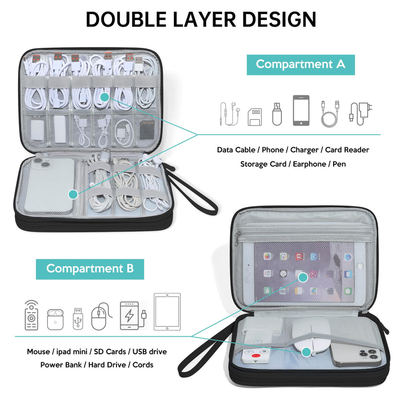 CILLA Electronics Organizer Travel, Travel Cord Organizer Case, Compact Electronics Accessories Bag for Cable, Cord, Charger, Phone Black