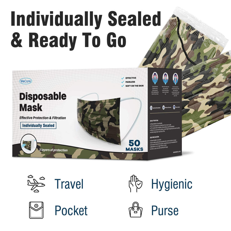 WeCare Disposable Face Mask Individually Wrapped - 50 Pack, Camo Masks 3 Ply
