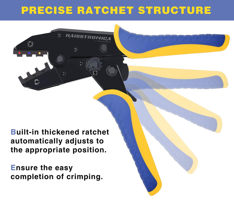 haisstronica Crimping Tool For Heat Shrink Connectors-AWG 22-10 Ratchet Wire Terminal Crimper-Ratcheting Crimper Tools-Available For Insulated Nylon Connectors and Electrical Wire Connectors HS-8327