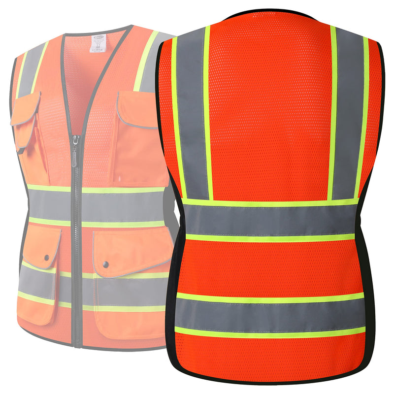 JKSafety 9 Pockets Women Hi-Vis Reflective Safety Vest | Mesh Neon Orange| Reflective Strips with Yellow Extended Trims | ANSI Compliant (168-Orange, S) Small V168-orange