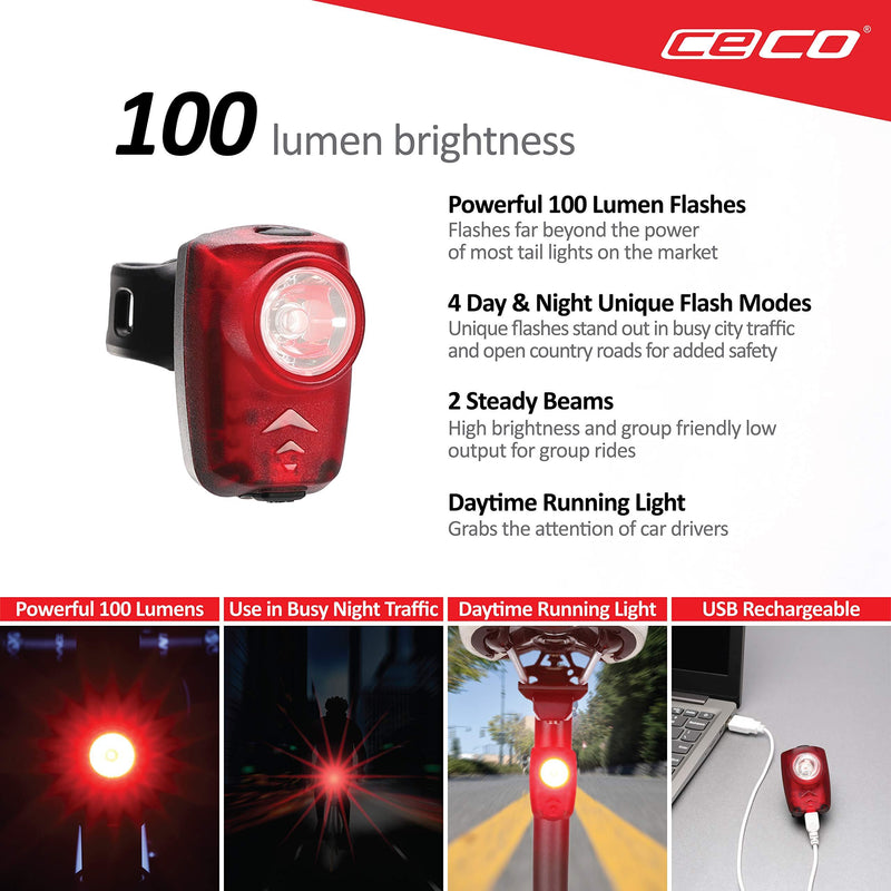 CECO-USA: 100 Lumen USB Rechargeable Bike Tail Light - Super Bright Model T100 Bicycle Rear Light - IP67 Waterproof, FL-1 Impact Resistant - Red Safety Light - Pro Grade Quality Bike Tail Light
