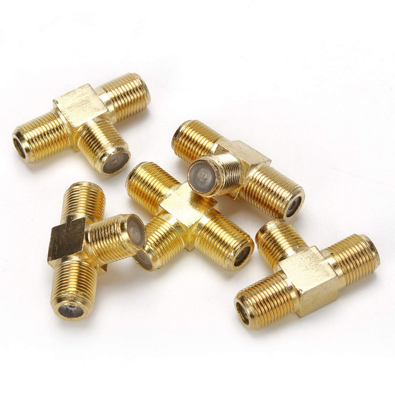 TLS.eagle 5 Pack Gold Plated F Type RG6 Female to 2 Female 3 Way Coax Cable T Splitter Adapter Connector