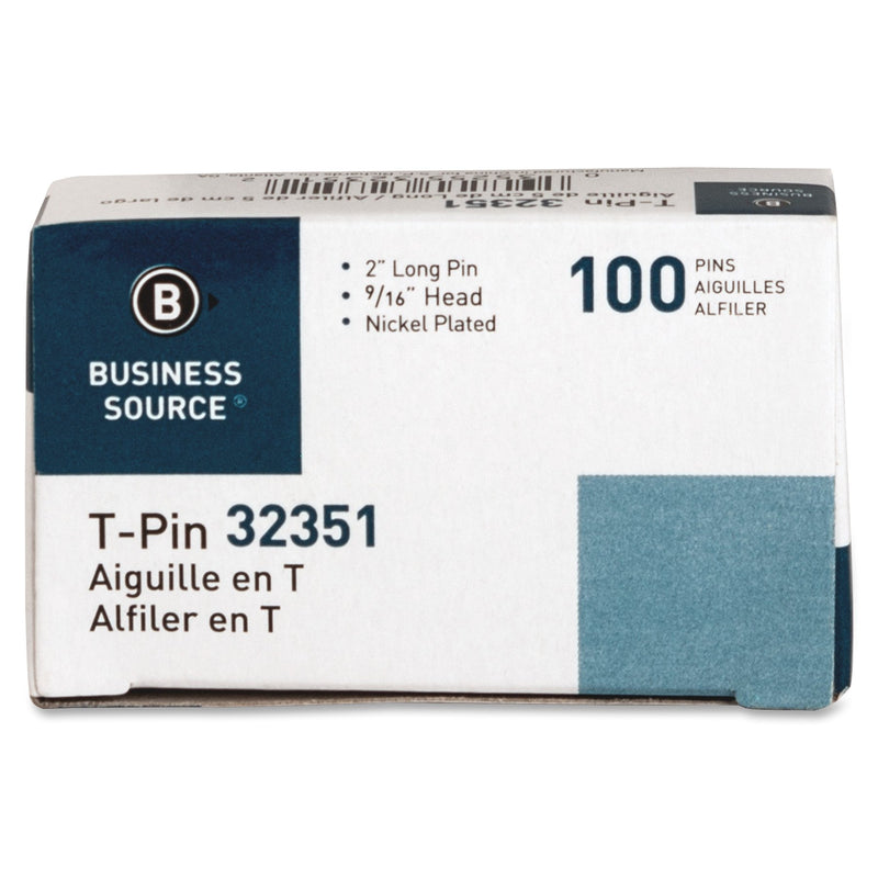 Business Source 32351 T-Pins, 9/16 in. Head Width, 2 in. Length, 100/BX, Silver 2"