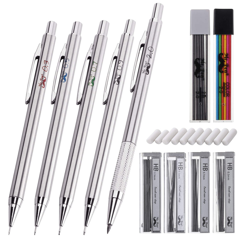 Mr. Pen- Metal Mechanical Pencil Set with Lead and Eraser Refills, 5 Sizes, 0.3, 0.5, 0.7, 0.9, 2mm, Drafting, Sketching, Architecture, Drawing Mechanical Pencils, Metal Mechanical Pencils