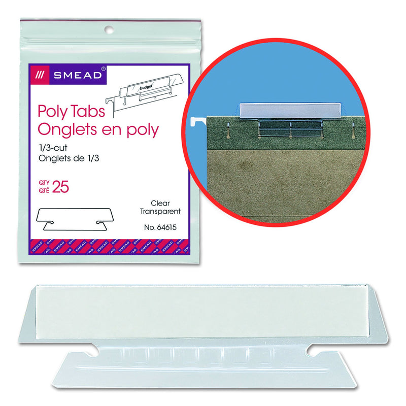 Smead Poly Tab 1/3 Cut, Clear, 25 Per Pack (64615) 1/3-Cut Tabs