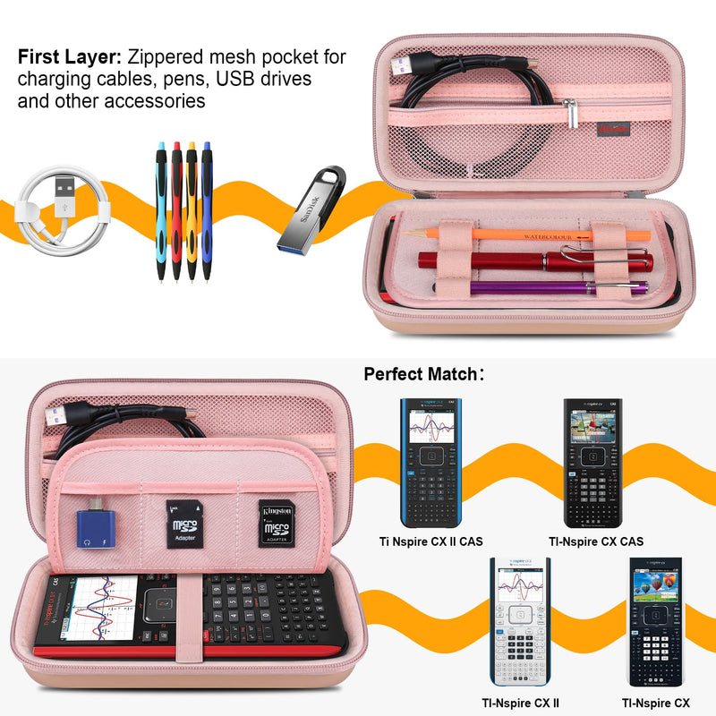 Elonbo Hard Travel Case for Texas Instruments TI-Nspire CX II CAS/CX II/CX CAS Color Graphing Calculator, Extra Zipped Pocket Fits Charging Cable, Charger, Manual, Rose Gold