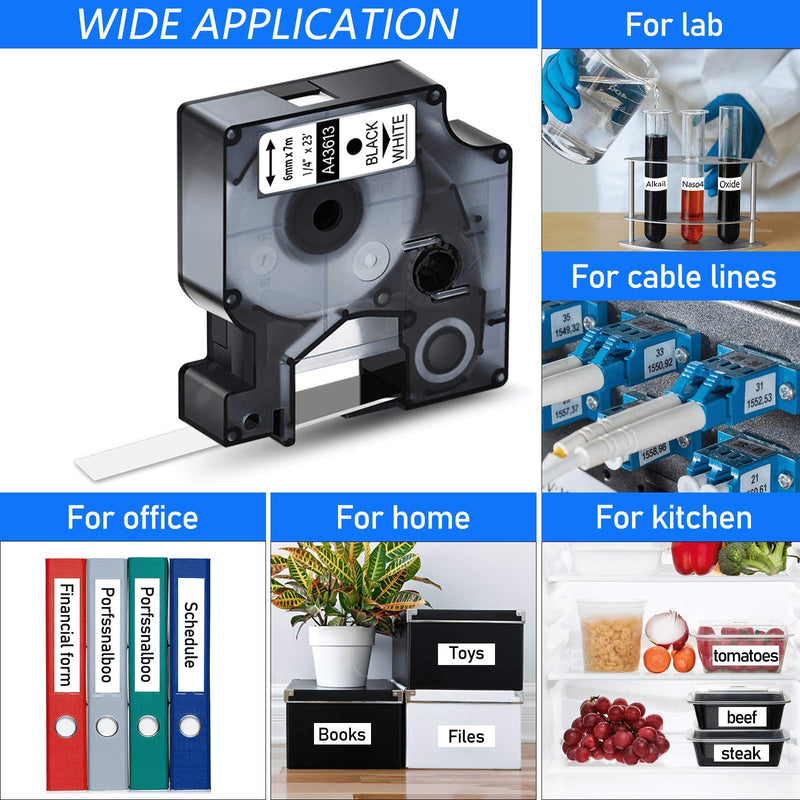 GREENCYCLE Compatible for Dymo D1 Black on White Label Tape Refill 43613 S0720780 1/4 Inch (6mm) x 23 ft (7m) for LabelManager PnP 160 260P 360D 280 420P 450 Duo Labeling Maker (3 Pack) 6mm (1/4")
