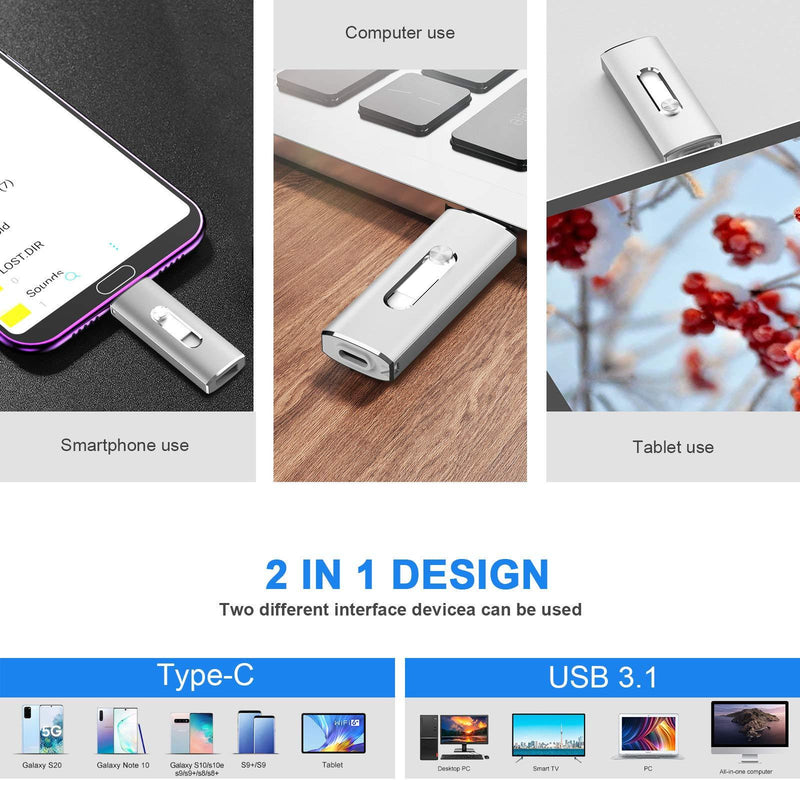 VANSUNY USB C Flash Drive, 128GB USB 3.1 Flash Drive 350Mb/s Dual Drive USB Type C Thumb Drive 128G USB C Drive Super Speed Solid State USB Drive (128G,Silver) 1) Silver * 128G