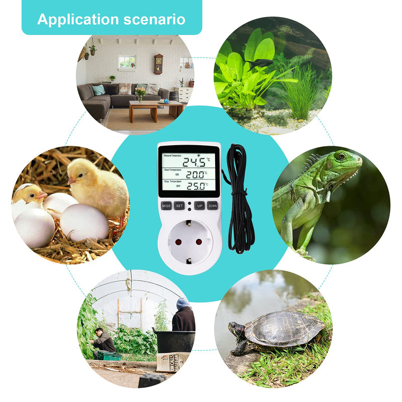 RUIZHI Digital Temperature Controller Sockets Heating Cooling Thermostat 250V with Sensor Socket and Probe LCD Screen for Greenhouse, Aquarium, Terrarium, Reptiles (EU).
